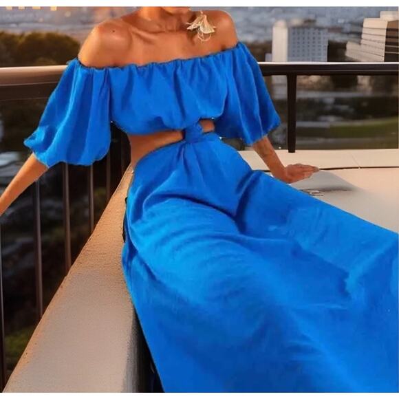 FARM RIO Linen Dress Med Blue Cut Out Off Shoulder Boho Artsy Coastal Nautical - Picture 4 of 16